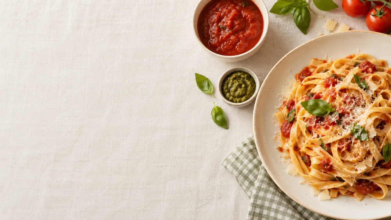 Sugestão ilustrativa de massa com pomodoro e pesto