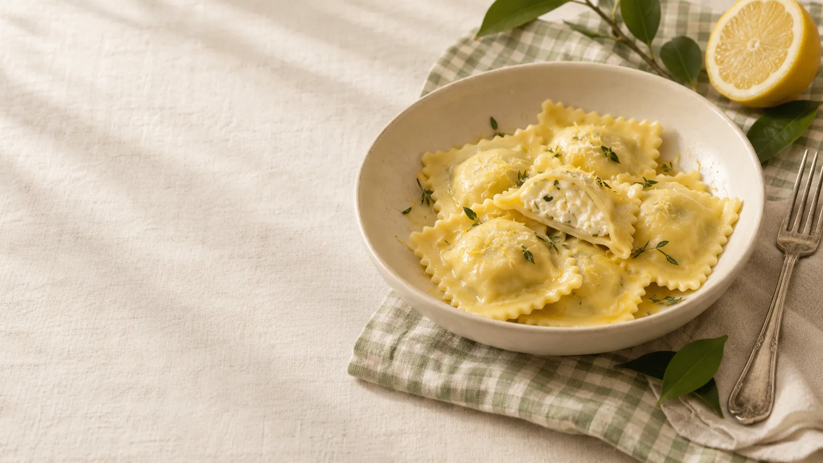 Ravioli de limão e mussarela em prato de cerâmica, ilustração de apresentação